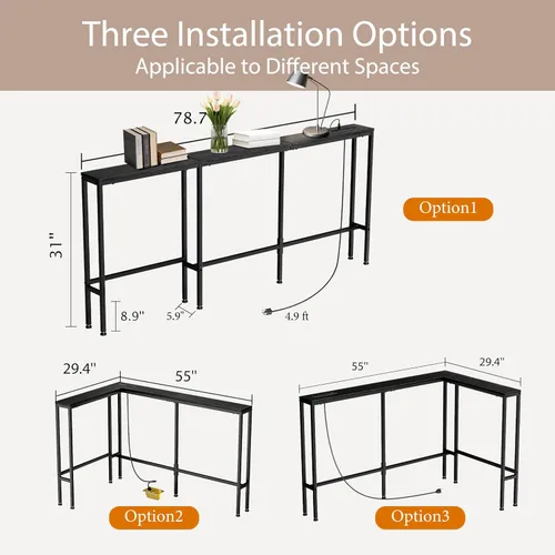 Vista 3 de Mesa de sofá de consola estrecha de 78 pulgadas con tomas de corriente y 2 puertos USB, en forma de L detrás del sofá, 3 opciones de montaje, mesas