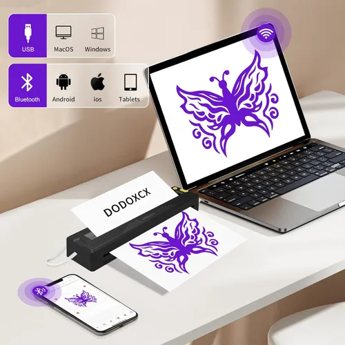 Vista 4 de Impresora de plantillas de tatuajes para principiantes y artistas, con 3 piezas de papel de transferencia de tatuajes, impresora térmica portátil