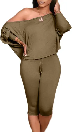 Vista 3 de FYEARFOX Conjunto de dos piezas para mujer, con un hombro descubierto, manga larga, sin botones, con cordón, pantalones capri