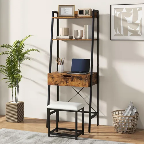 Vista 2 de CHARMAID Juego de escritorio de tocador de escalera – Mesa de tocador de maquillaje con espejo abatible, taburete acolchado, 4 compartimentos