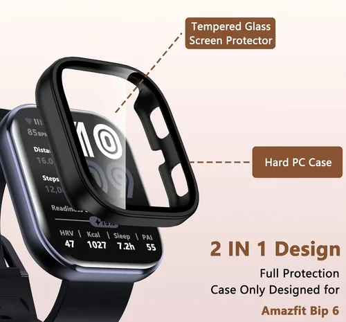 Vista 2 de Paquete de 2 fundas compatibles con Amazfit Bip 6, protector de pantalla de vidrio templado con cubierta de policarbonato duro, a prueba de golpes