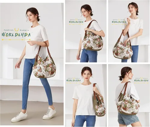 Vista 2 de Worldlyda Women Canvas Hobo Purse Multi Pocket Tote Shopper Shoulder Bag Casual Top Handle handbag with Embroidery Ethnic