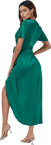 Vista 2 de LYANER Vestido de satén cruzado con cuello en V para mujer, manga corta, fruncido, con lazo en la cintura, dobladillo dividido, vestido midi