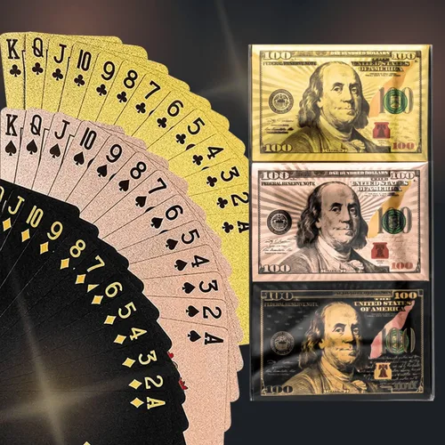 Vista 2 de Magic Kiss Cartas de póquer de papel de aluminio impermeables, baraja de naipes de plástico para regalo (3 barajas (oro + oro rosa + negro))