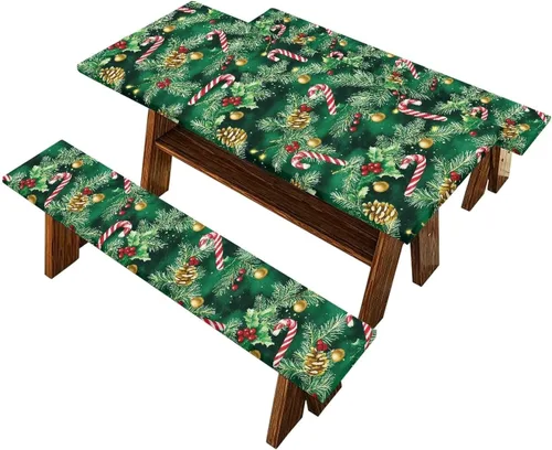 Vista 39 de Juego de 3 calcetines de árbol de Navidad de dibujos animados y galletas, funda de mesa de picnic ajustable con funda de banco, manteles Calcetines