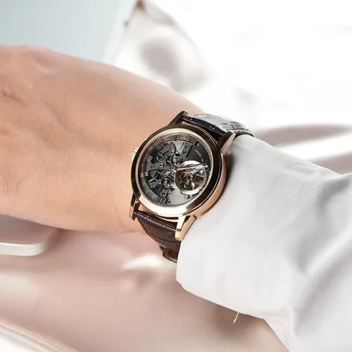 Vista 4 de OBLVLO Relojes casuales de lujo con diseño de esqueleto oro rosa relojes automáticos cristal de zafiro VM-S