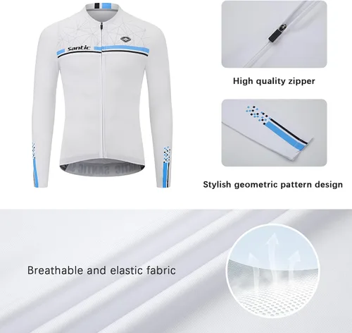 Vista 4 de Santic - Camiseta de ciclismo para hombre, manga larga, reflejante, cremallera completa, con bolsillos