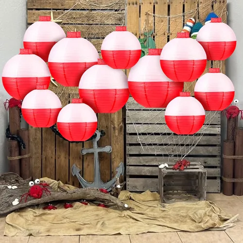 Vista 6 de Faroles de papel de pesca Bobber redondos, 12 linternas de papel colgantes rojas y blancas para pescadores, suministros de decoración de fiestas