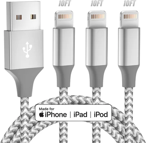 Vista 8 de Cargador para iPhone con certificación MFi de Apple, paquete de 3 cables Lightning de 10 pies de largo, carga rápida, sincronización de datos, cable