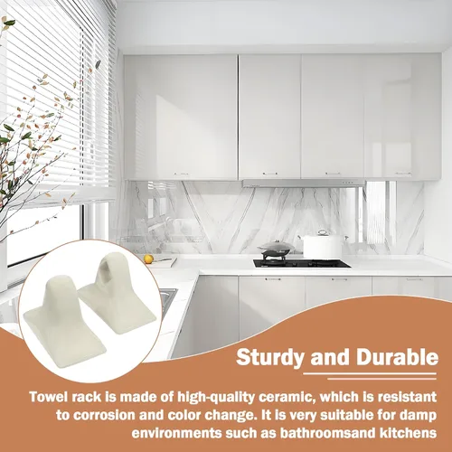 Vista 3 de Juego de 2 toallas de baño de porcelana beige, soporte de barra de toalla moderno de mediados de siglo, soporte para barra de toallero de cerámica