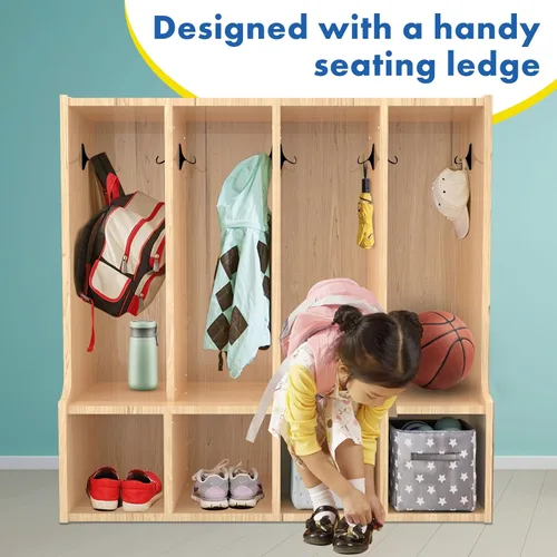 Vista 4 de TONGMO Armario de abrigos para niños con banco, muebles naturales para niños pequeños de 4 secciones para almacenamiento organizado (4 secciones)
