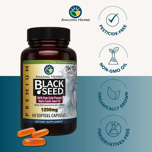 Vista 4 de Amazing Herbs Cápsulas de aceite de semilla negra de alta potencia, prensado en frío, ayuda a la salud digestiva, apoyo inmunológico y función