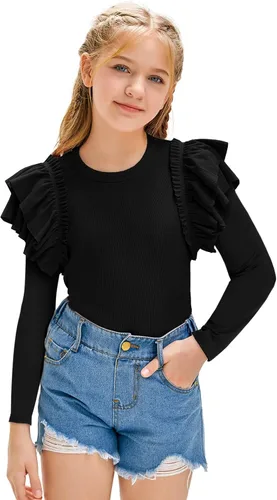 Vista 2 de rrhss Camisas de manga larga con volantes para niñas, con cuello redondo, de punto acanalado
