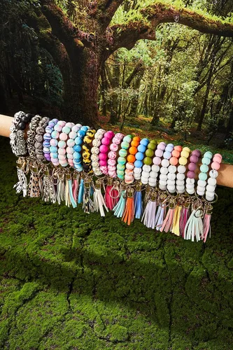 Vista 6 de Llavero de cuentas de silicona para mujer, pulsera con tarjetero y borla de cuero