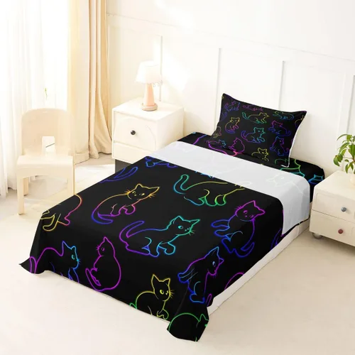 Vista 2 de Feelyou Cat Bed Sheets Set Twin Size Halloween Themed Bed Set Trick or Treat Deep Pocket Fitted Sheet Scaredy Cat Breathable Soft Lightweight