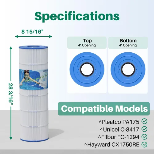 Vista 2 de TOREAD Filtro de repuesto para piscina PA175, Hayward CX1750RE, C1750, Unicel C-8417, Filbur FC-1294, 25230-0175S, 817-0175P, Aladdin 27501, L x OD