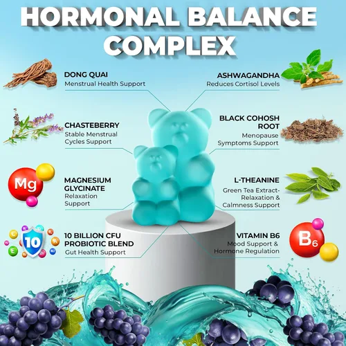 Vista 3 de Gomitas PMS Suplementos de equilibrio hormonal para mujeres, probióticos para el síndrome premenstrual, alivio de calambres menstruales, sofocos