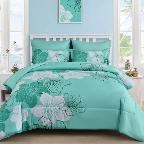 Vista 28 de Luxudecor Juego de edredón floral tamaño individual, 6 piezas de cama en una bolsa, edredón floral azul y juego de sábanas, juego de ropa de cama