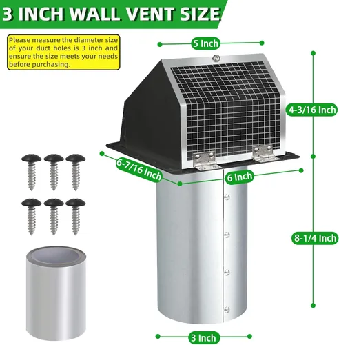 Vista 2 de Cubierta de ventilación para secadora de 3 pulgadas, rejilla de ventilación de pared con pantalla y amortiguador, cubierta de ventilación exterior