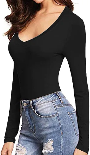 Vista 3 de MANGOPOP - Body sexy de manga larga y manga corta, con cuello en V profundo para mujer