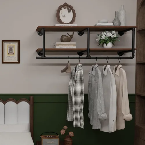 Vista 9 de Perchero para ropa de 72 pulgadas, para montar en la pared, con estante de madera real, perchero colgante resistente, barra para colgar multiusos