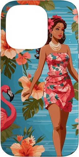 Vista 17 de iPhone 12 Pro Max Vintage Tiki Design - Funda hawaiana retro de flores hula y flamencos