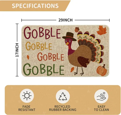 Vista 3 de Artoid Mode Gobble - Felpudo decorativo de pavo, estacional de otoño, Acción de Gracias, fiesta, de bajo perfil, tapete para interiores