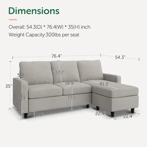 Vista 2 de HONBAY Sofá seccional convertible en forma de L con tela de lino, sofá reversible para espacio pequeño, gris medio claro