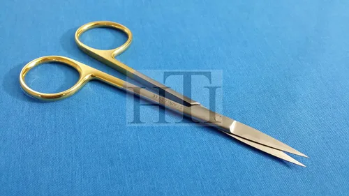 Vista 6 de TIJERAS T/C IRIS RECTAS 4.5" AGUJAS CON INSERTOS DE CARBRO TUNGSTEN CON MANGO ORO (HTI BRAND)