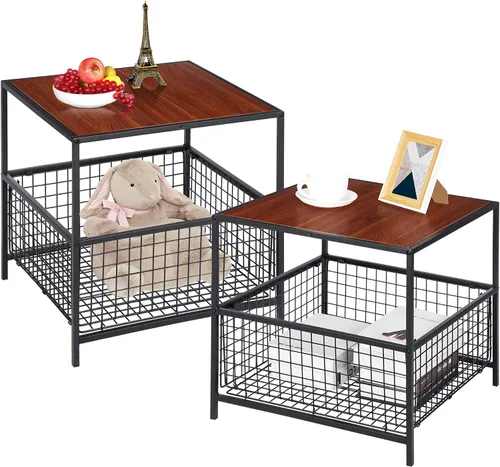 Vista 8 de SUPER DEAL Mesa auxiliar de 2 niveles con cesta de malla, mesa auxiliar cuadrada de 20 pulgadas para dormitorio, sala de estar, mini soporte