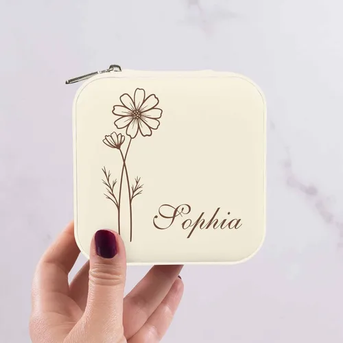 Vista 6 de Artsadd Joyero de viaje pequeño personalizado, joyero de flores de nacimiento, organizador de joyas con nombre personalizado para mujeres y niñas
