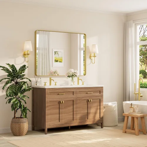 Vista 117 de TETOTE Espejo de marco dorado cepillado de 16 x 24 pulgadas, espejo de tocador de baño de latón dorado para pared, espejo enmarcado rectangular