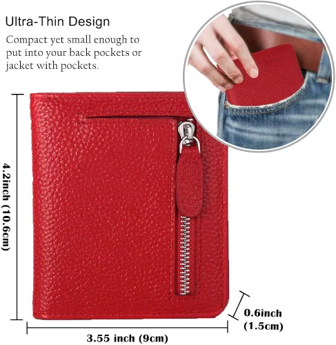 Vista 6 de Funtor Cartera de cuero para mujer, pequeña y compacta, con bolsillo doble, bloqueo RFID, para mujer