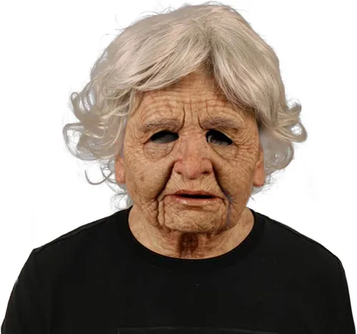 Vista 3 de Máscara realista de anciana, máscara realista de abuela, máscara espeluznante para adultos, máscara de miedo de Halloween, máscara facial