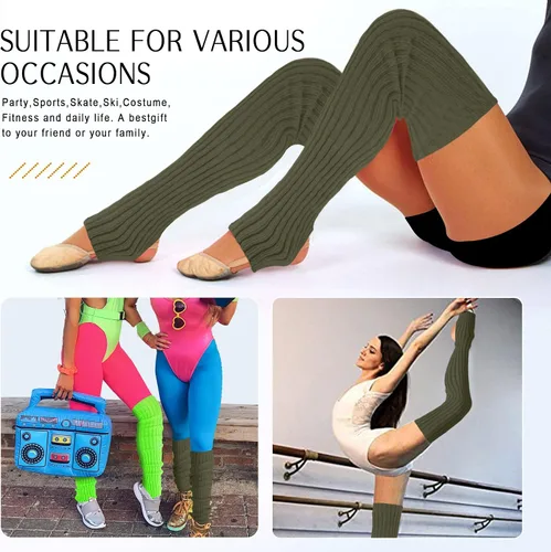 Vista 6 de Calentadores de piernas largos de punto para mujer, sobre la rodilla, de neón, acanalados, para fiestas de los años 80, deportes de baile