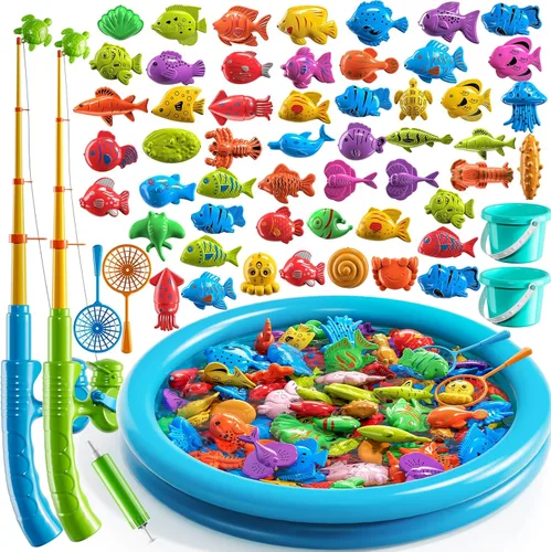 Vista 9 de TEMI - Juego de pesca para niños de 3, 4, 5, 6, 7, 8 años, juego de baño con 51 peces para niños pequeños, juguete con caña magnética y red