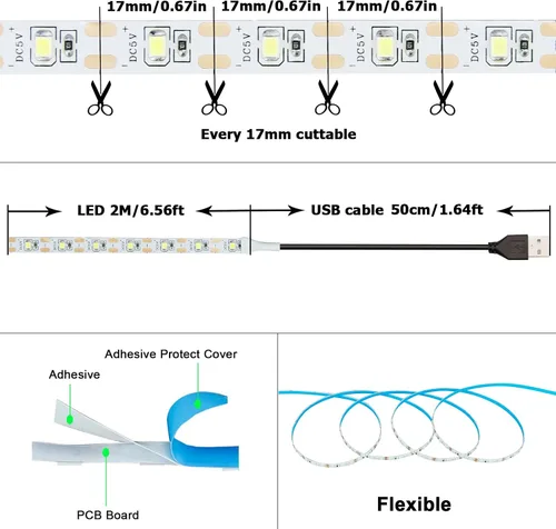 Vista 3 de Tira de luz LED roja USB 620-625nm 5V alimentada por USB, 13.12 pies/4M, 240 LED, flexible, SMD2835, de alto brillo, sin impermeabilidad, IP20