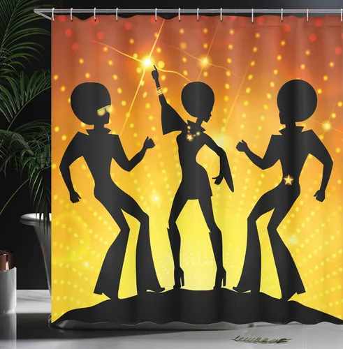 Vista 3 de Ambesonne Cortina de ducha para fiesta de los años 70, bailando en discoteca con fondo bokeh estilo afro, juego de decoración de baño de tela