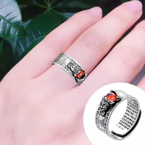 Vista 2 de WYHFA Pixiu Anillo de plata Feng Shui Pixiu Mani Mantra Protección Riqueza Anillo Amuleto Lucky Wealth Joyería Anillo ajustable para mujeres