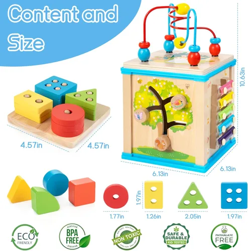 Vista 5 de WOODMAM Cubo de Actividades de Madera 7 en 1, Juguetes Montessori para Niños Pequeños de 1 Año, Juguetes Educativos de Desarrollo para Bebés