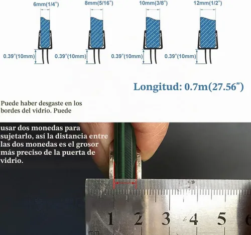 Vista 4 de Barrido de puerta de ducha de vidrio sin marco para vidrio de 1/4", sello inferior con riel de goteo, 27.5 pulgadas de largo