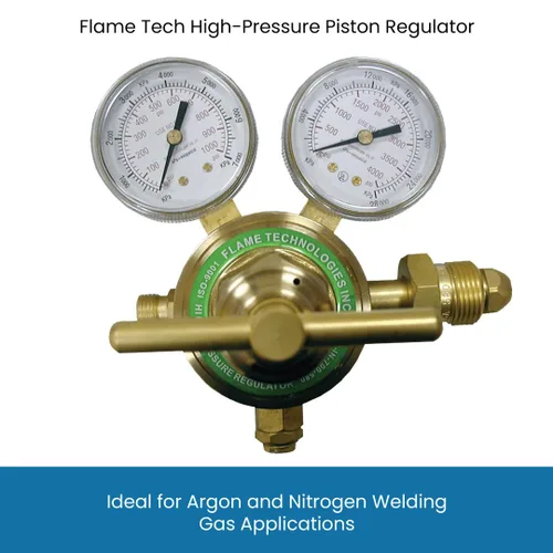 Vista 2 de Flame Tech Regulador de pistón de alta presión para gases inertes, regulador para nitrógeno y gas argón, cuerpo y sombrerete de latón forjado