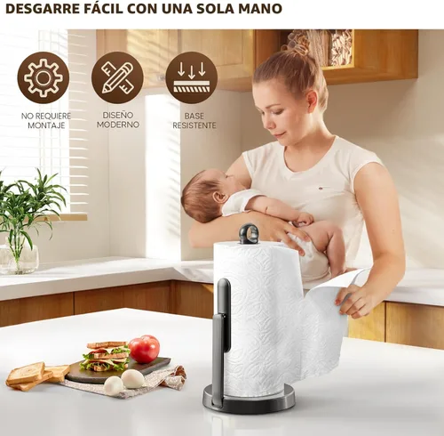 Vista 3 de theaoo Toallero de papel de acero inoxidable resistente con brazo de tensión, fácil de rasgar con una sola mano, moderno dispensador de encimera