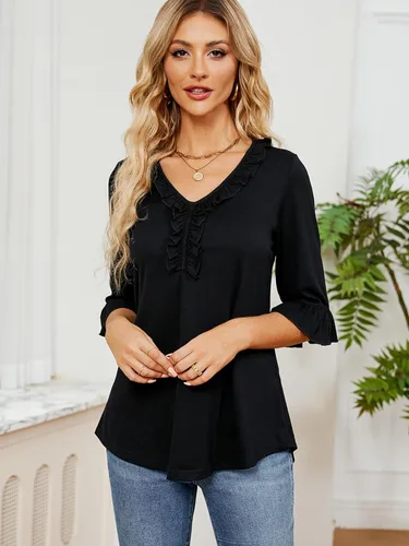 Vista 6 de Poetsky Blusa de manga 34 para mujer, estilo casual, cuello en V, holgada, con volantes