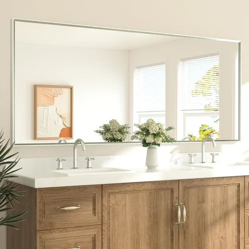 Vista 37 de TETOTE Espejo de baño dorado cepillado de 20" x 30", espejo de tocador de baño rectangular de latón dorado cepillado con marco biselado para sobre