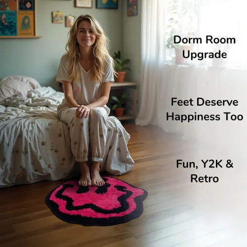 Vista 4 de Trippy - Alfombra de cara sonriente, 26 pulgadas, retro, antideslizante, suave, vibrante y lavable, alfombra Y2K para decoración Y2K Alfombras