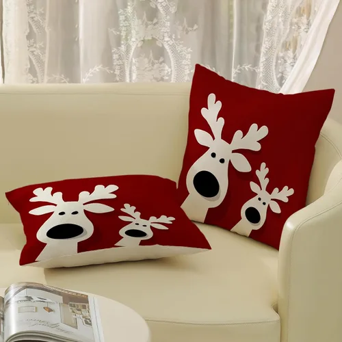 Vista 4 de Juego de 2 fundas de almohada navideñas de 16 x 16 pulgadas, fundas de almohada de lino color rojo con diseño de alces y ciervos de invierno