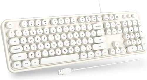 Vista 26 de Atelus Teclado USB con cable con retroiluminación de 7 colores, teclado de tamaño completo con teclas retro, teclado numérico y tecla de acceso