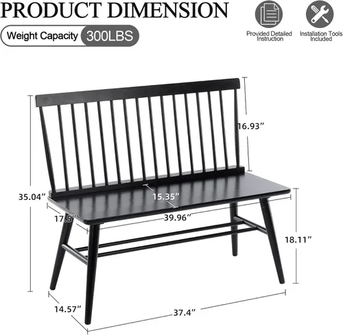 Vista 2 de DUHOME Banco de entrada, Banco de comedor negro con respaldo de espiral, Banco de madera de casa rural Windsor para vestíbulo, balcón, sala
