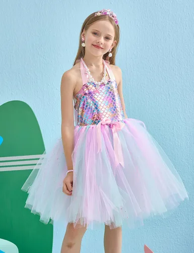 Vista 4 de Tutu Dreams Mermaid Dress for Girls with Crown Birthday Halloween Party Gifts Dress Up Clothes